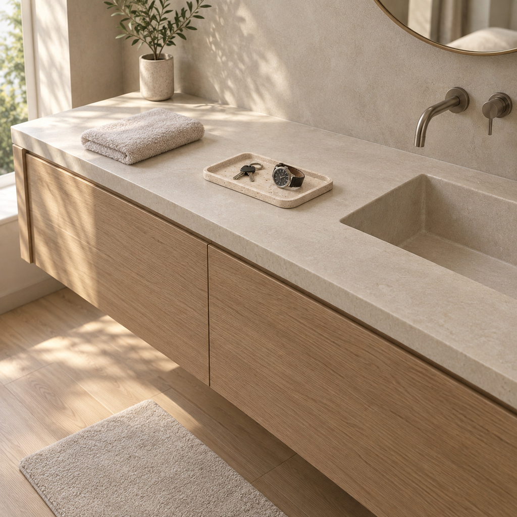 Rectangular travertine catchall tray in Beige Travertine on a bathroom vanity with a set of keys and a watch on the tray.