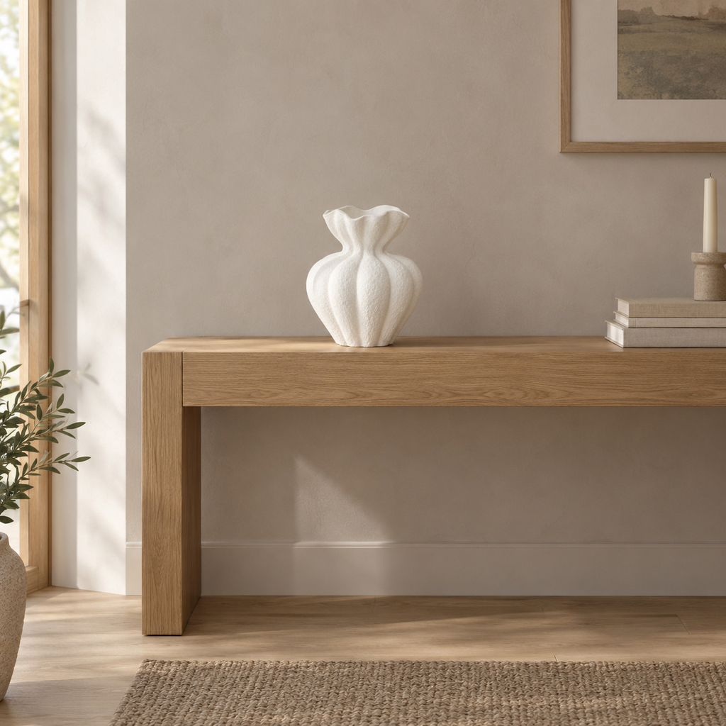 Fluted ruffled ceramic vase in Matte White on an oak console table in a calm room.