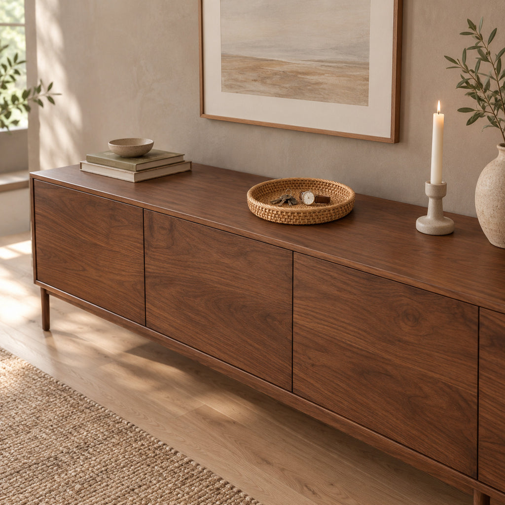 Shallow round woven rattan basket tray in Natural Rattan on a 160 cm wide walnut sideboard with a set of keys and a watch on the tray.