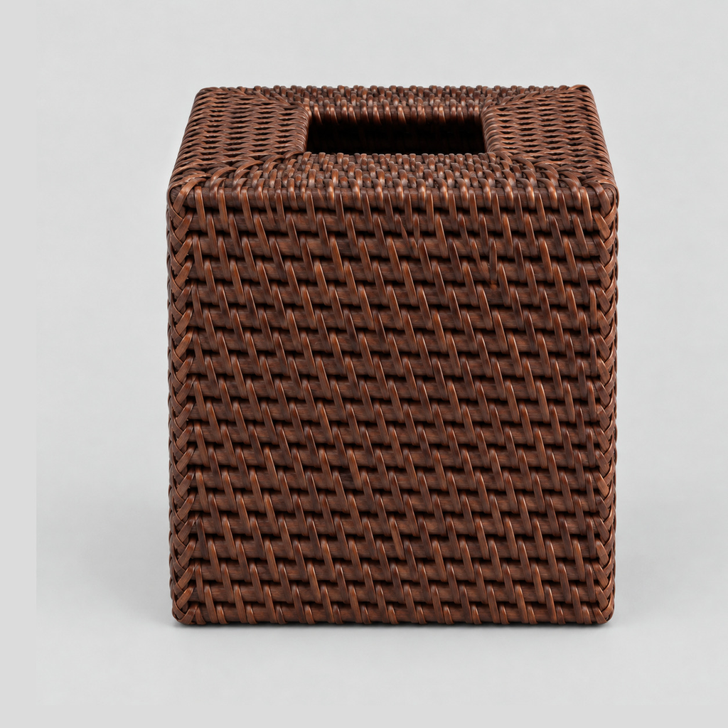 Square woven rattan tissue box cover in Dark Brown on a light gray studio background