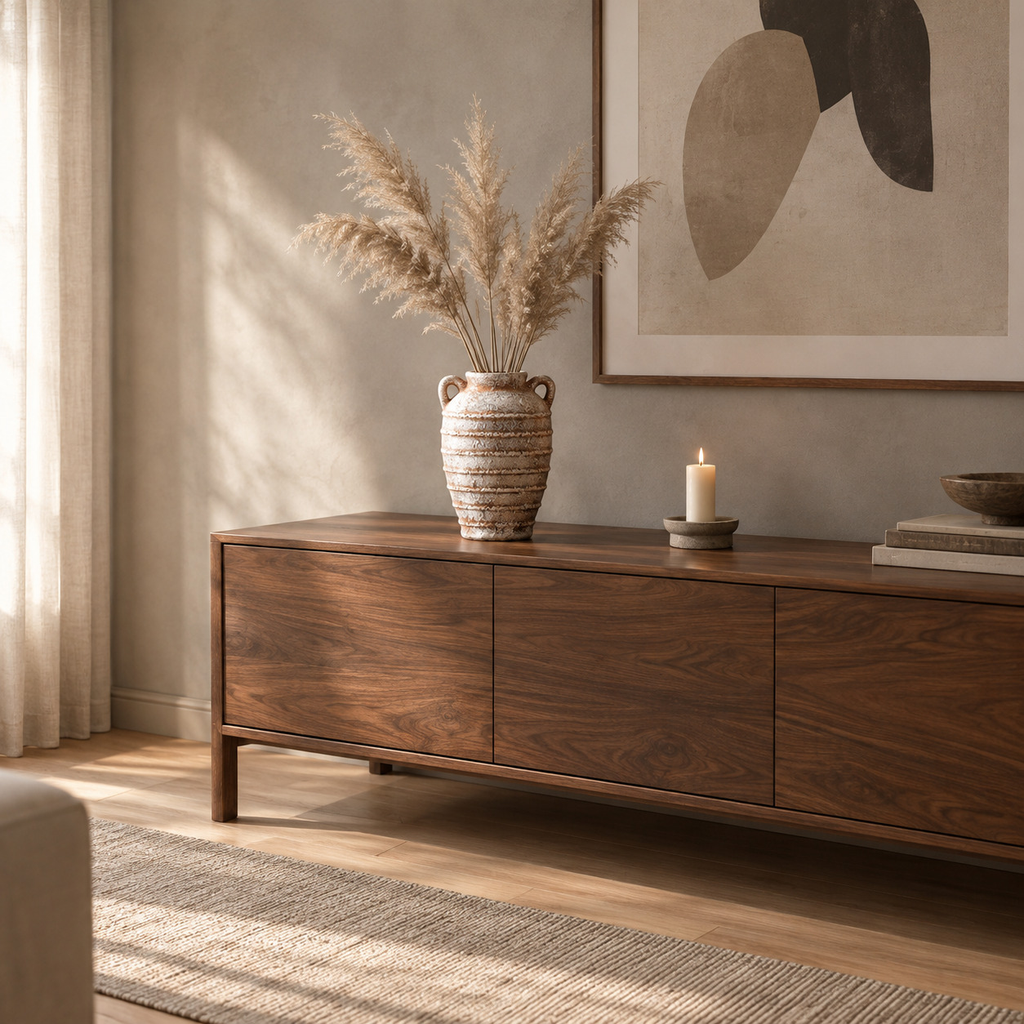 Double-handled ceramic amphora vase on a walnut sideboard with dried pampas grass stems.