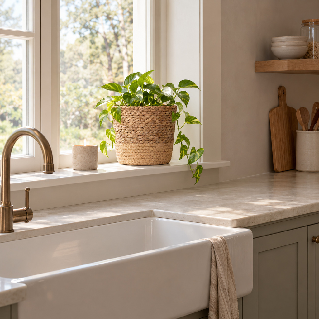 Natural Seagrass woven seagrass planter basket on a windowsill above a farmhouse sink with a small trailing pothos in the planter.