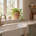 Natural Seagrass woven seagrass planter basket on a windowsill above a farmhouse sink with a small trailing pothos in the planter.