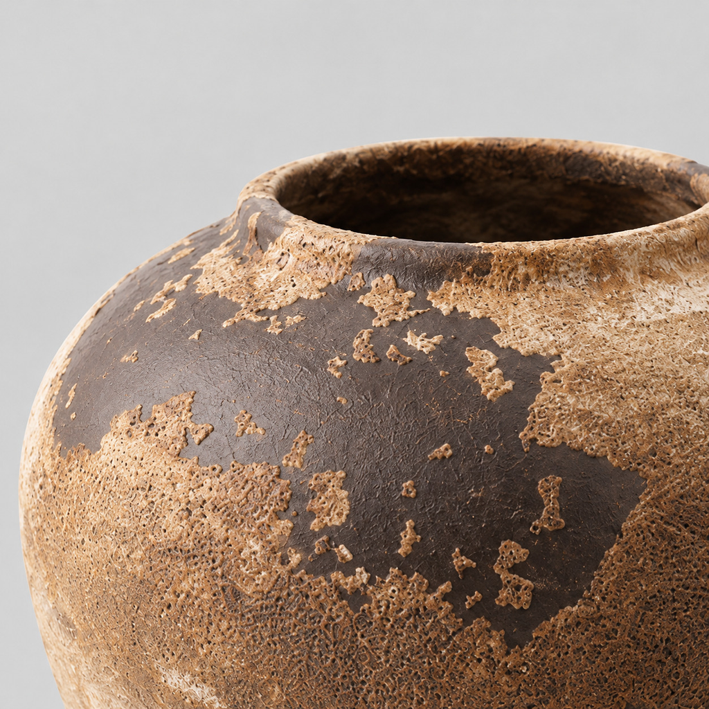 Close up of the distressed ceramic glaze and rough surface texture of the weathered brown ceramic vase.