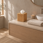 Woven rattan cube tissue box cover in Natural Rattan on a bathroom vanity with a tissue emerging from the top