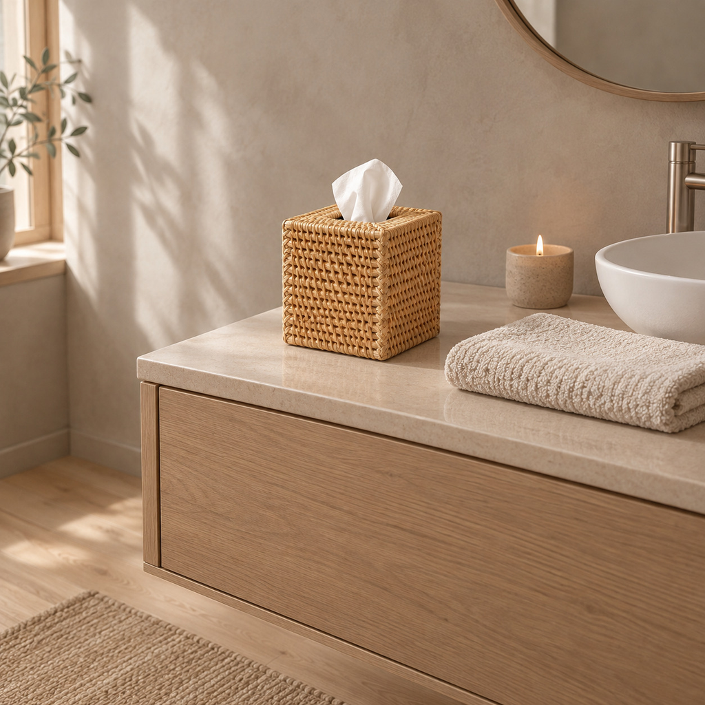 Woven rattan cube tissue box cover in Natural Rattan on a bathroom vanity with a tissue emerging from the top