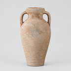 Two-handled ceramic amphora vase in the Weathered Sand finish on a light neutral gray studio background.