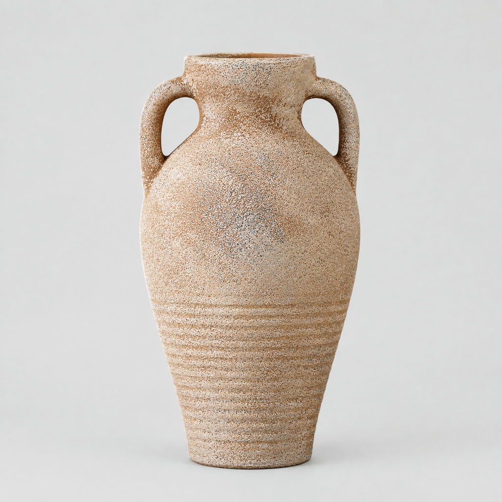 Two-handled ceramic amphora vase in the Weathered Sand finish on a light neutral gray studio background.