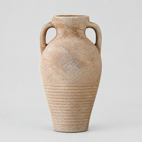 Two-handled ceramic amphora vase in the Weathered Sand finish on a light neutral gray studio background.