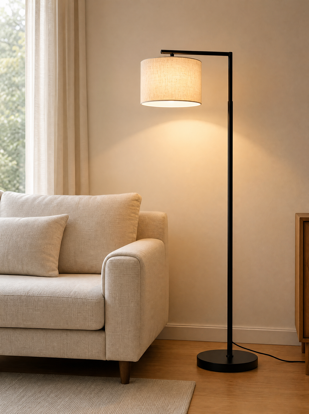 Arc floor lamp lit over the end of a linen sofa in a living room