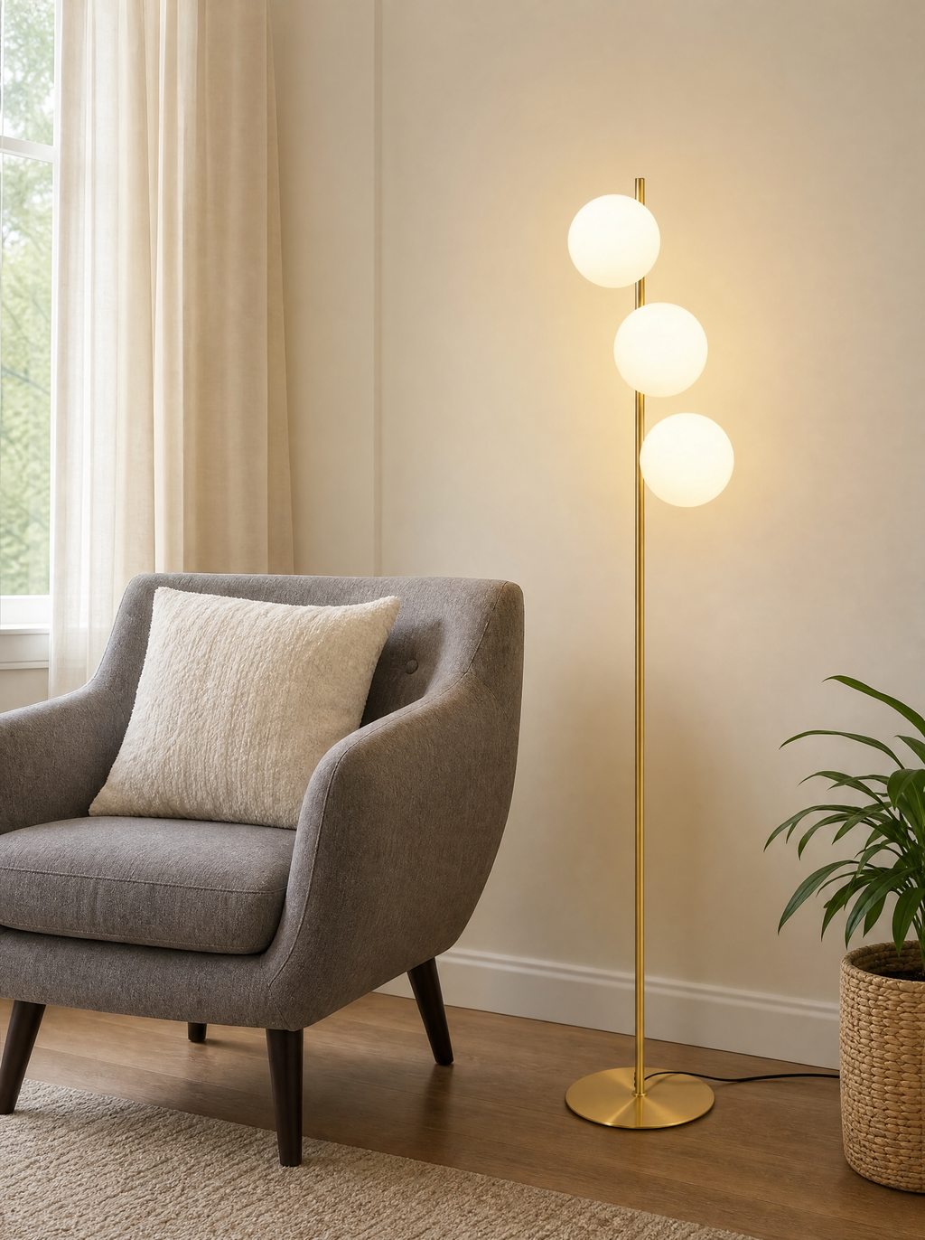 Brass three globe floor lamp lit beside a gray armchair in a living room