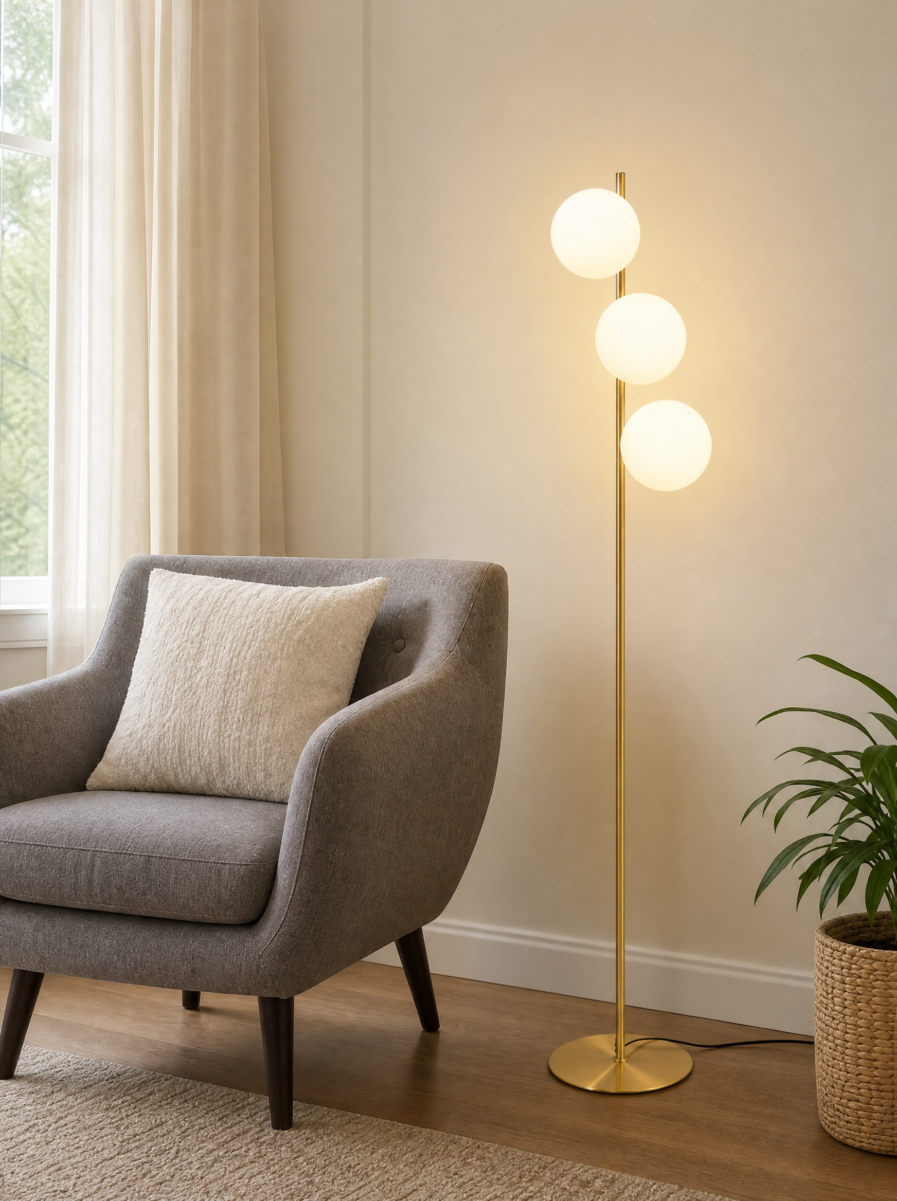 Brass three globe floor lamp lit beside a gray armchair in a living room