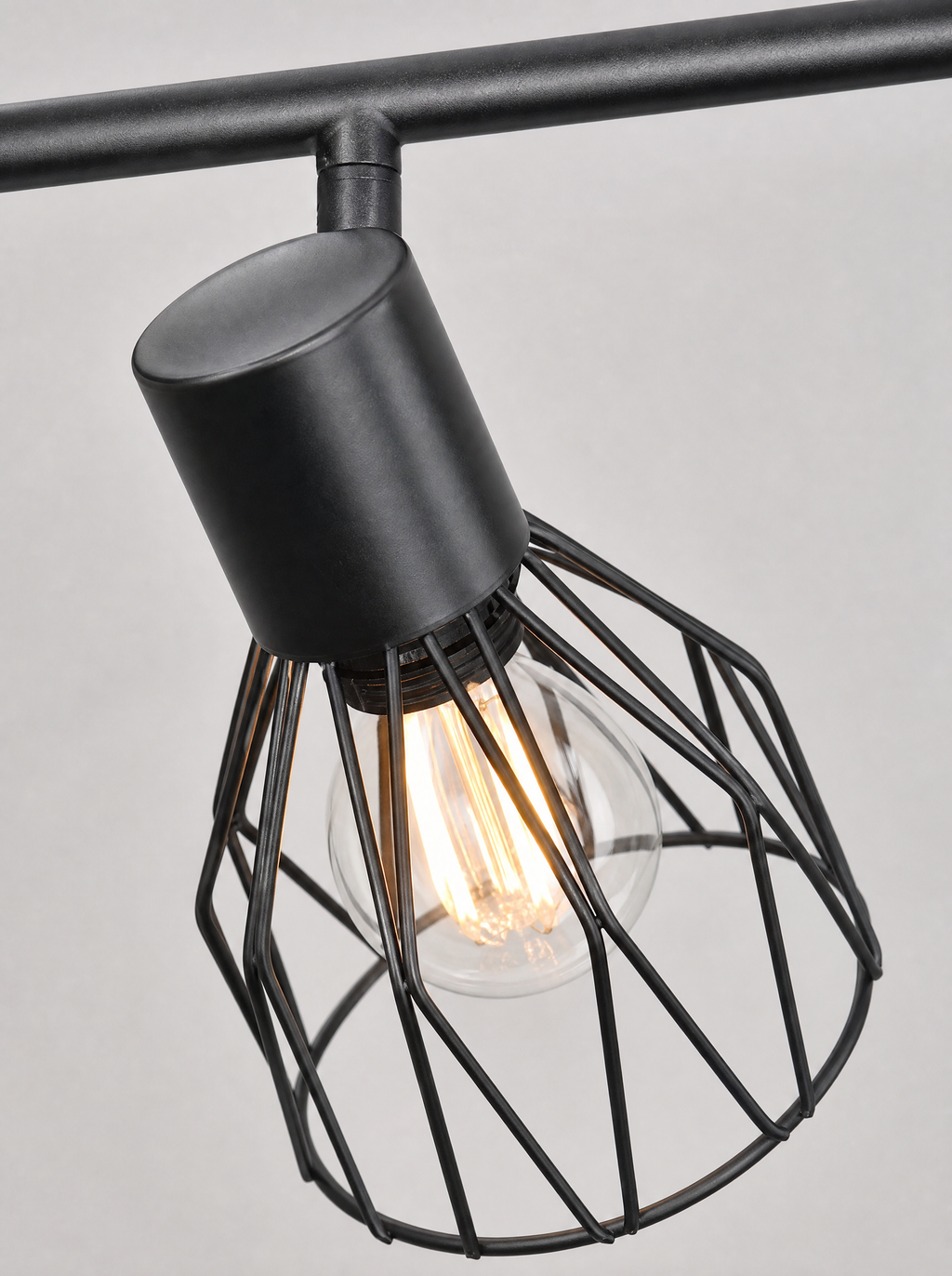 Close up of one faceted wire cage head and its swivel joint on the black spot bar