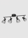 Black four head ceiling spot bar with wire cage shades on a light gray studio background