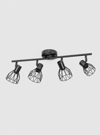 Black four head ceiling spot bar with wire cage shades on a light gray studio background