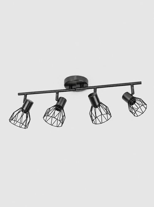 Black four head ceiling spot bar with wire cage shades on a light gray studio background