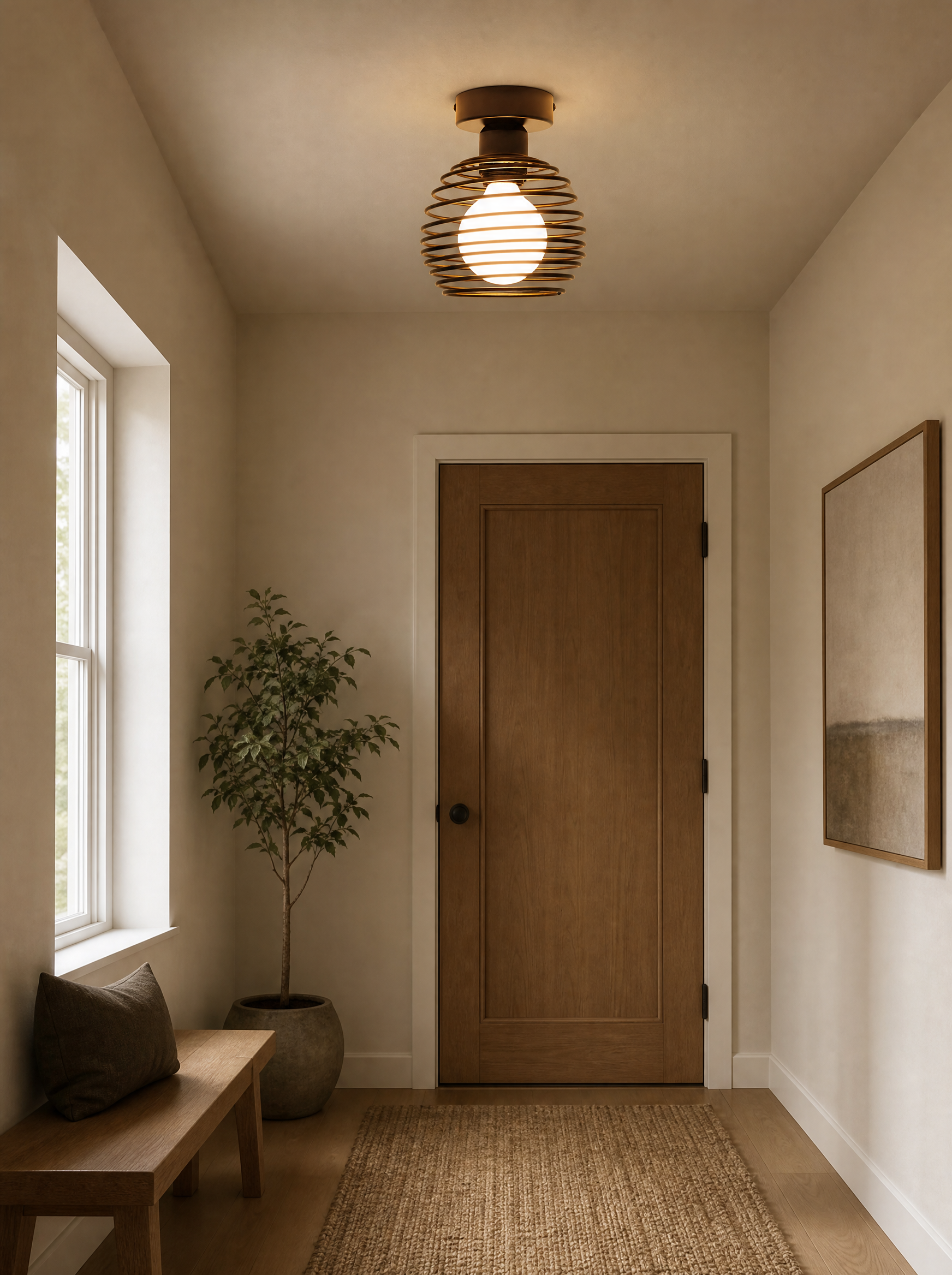 Coiled metal flush ceiling light lit on the ceiling of an entrance hall