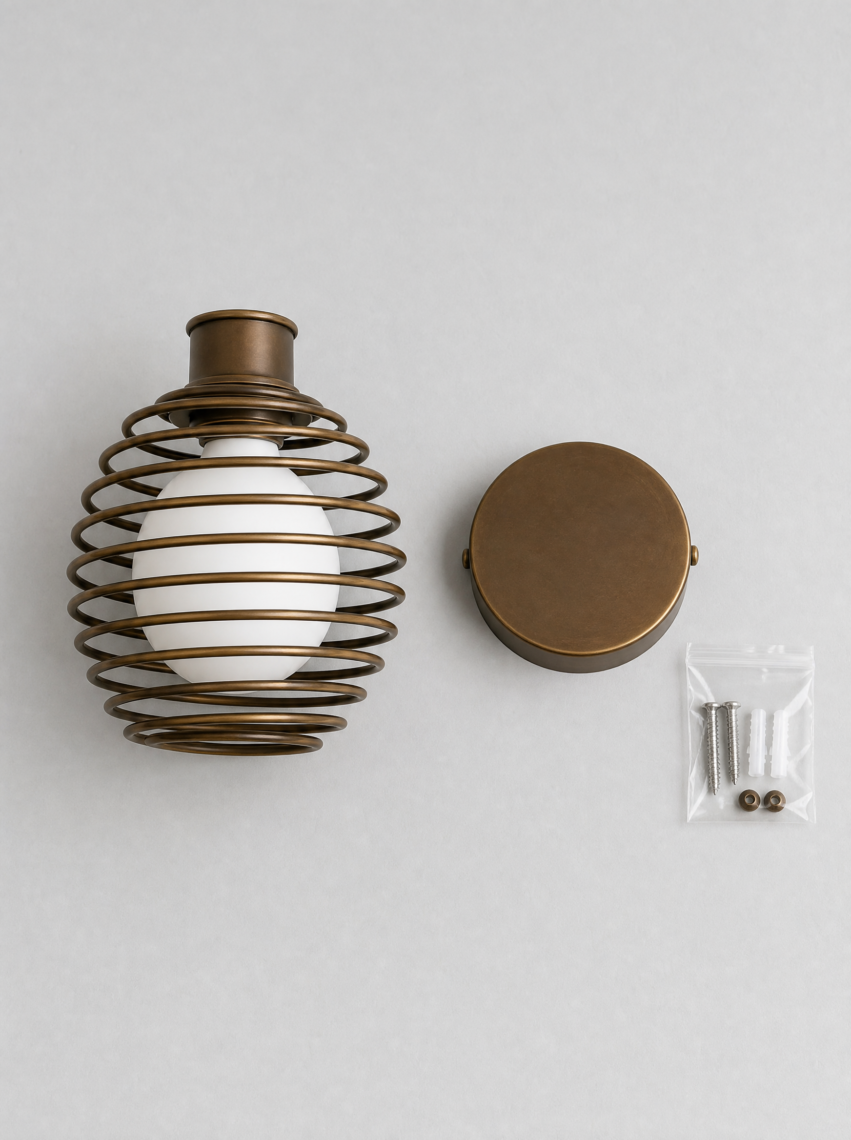 What is in the box for the coiled metal flush ceiling light, shade with globe, ceiling plate and hardware