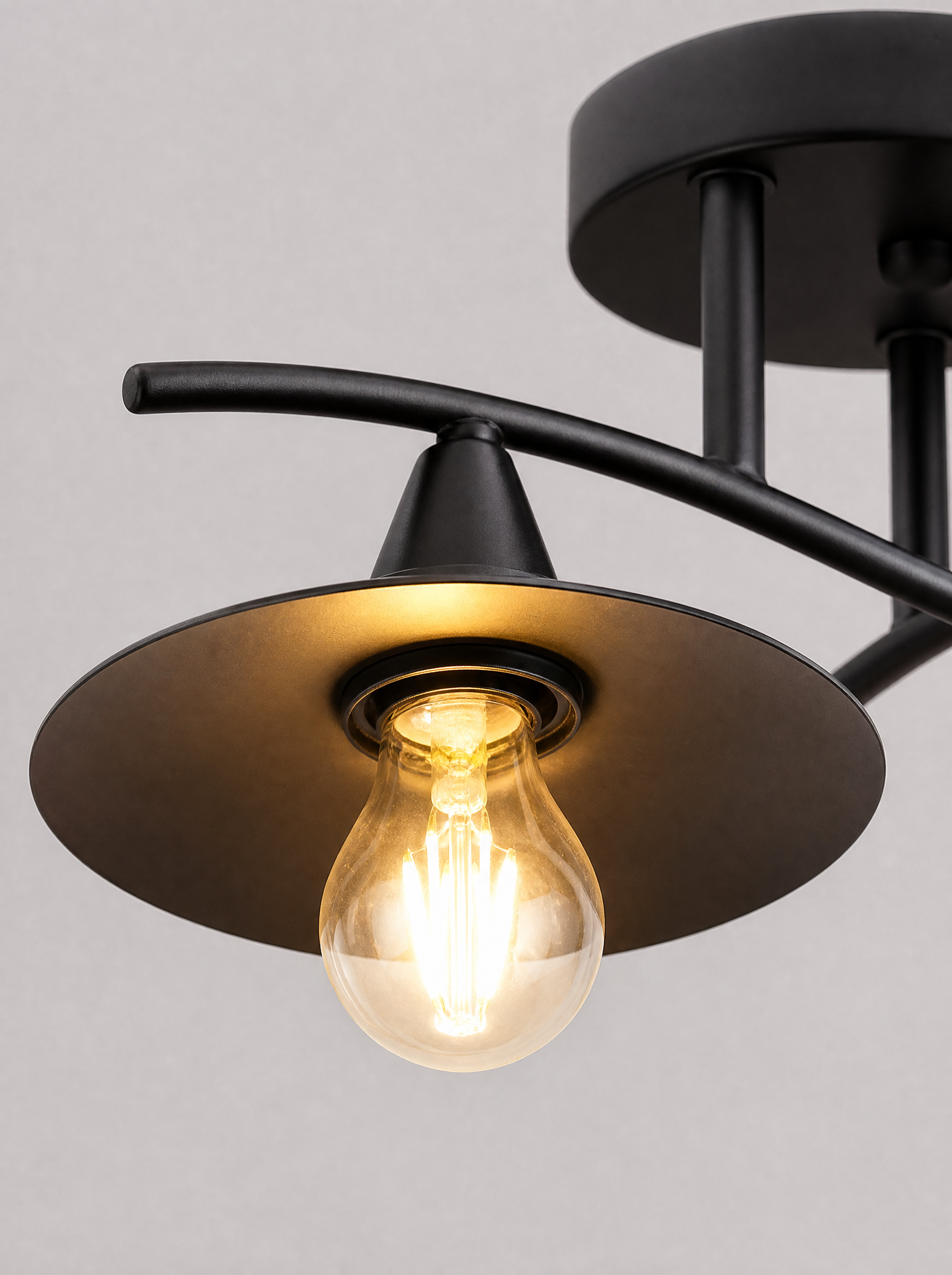 Close up of one cone shade and the curved arm where it meets the center plate