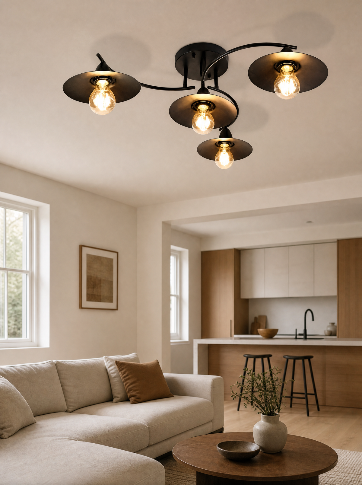 Four cone flush ceiling light lit in an open plan living room