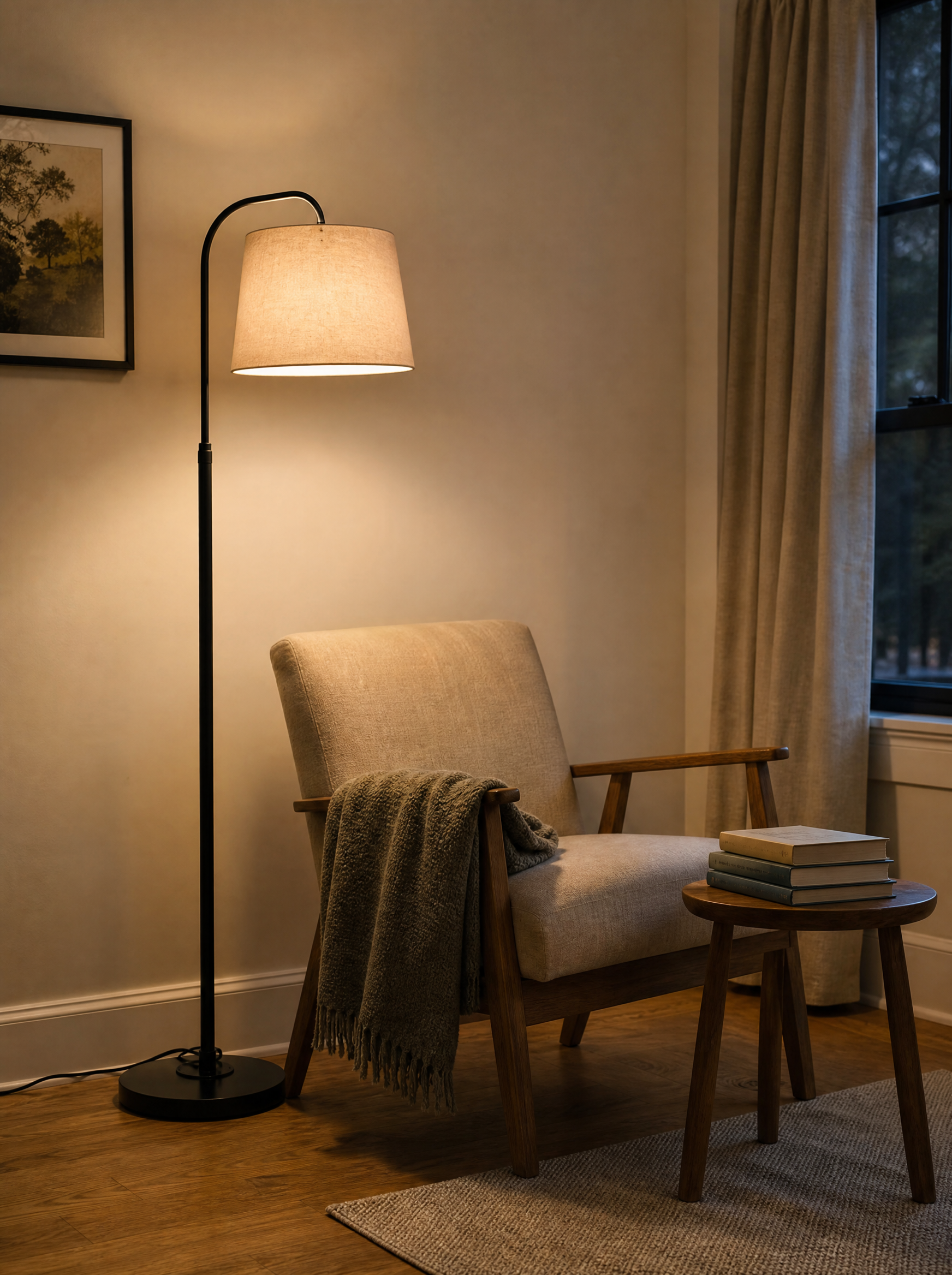 Black floor lamp lighting a reading chair in the corner of a quiet room