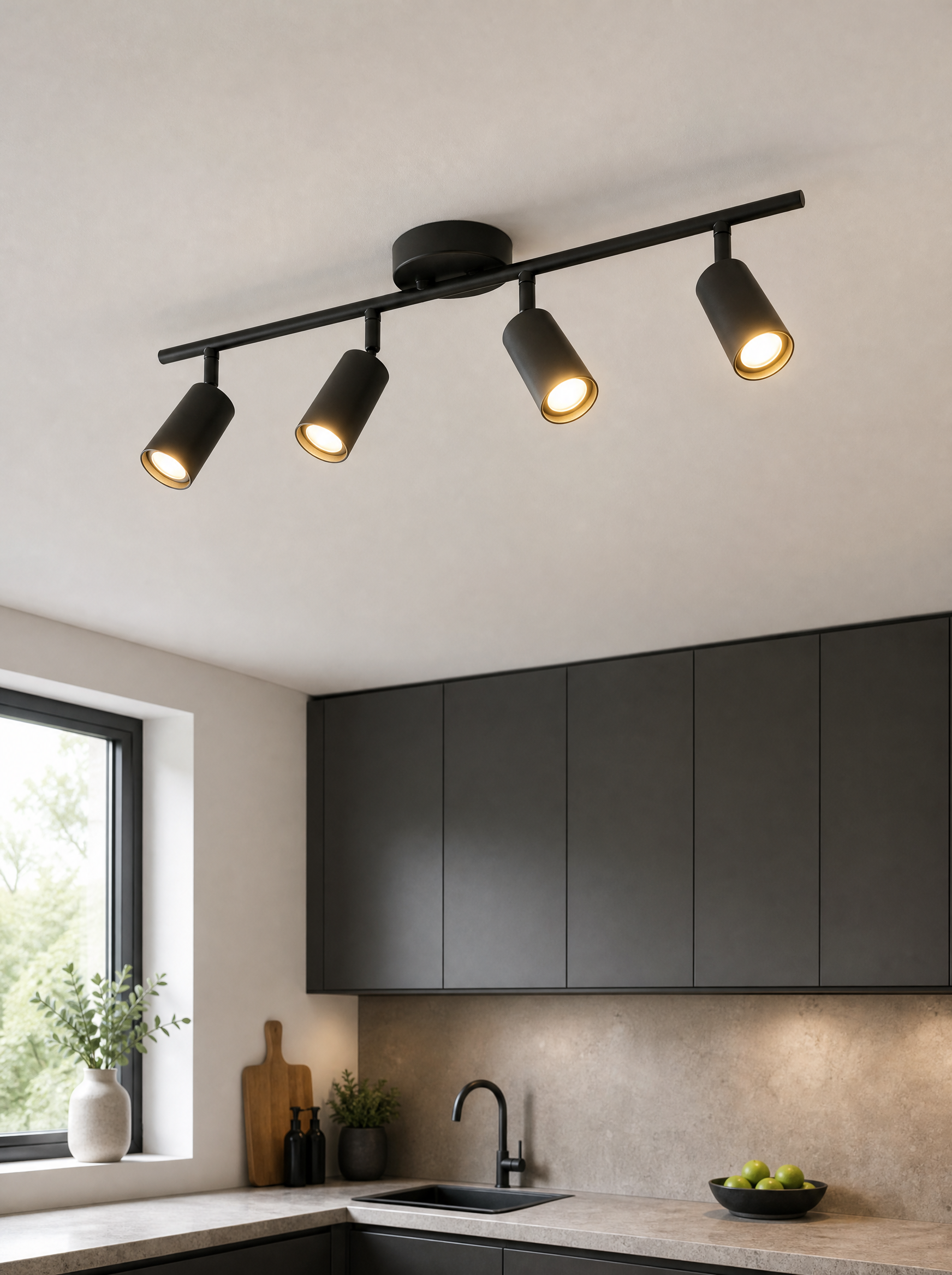 Black four spot ceiling light with adjustable heads above a minimal kitchen