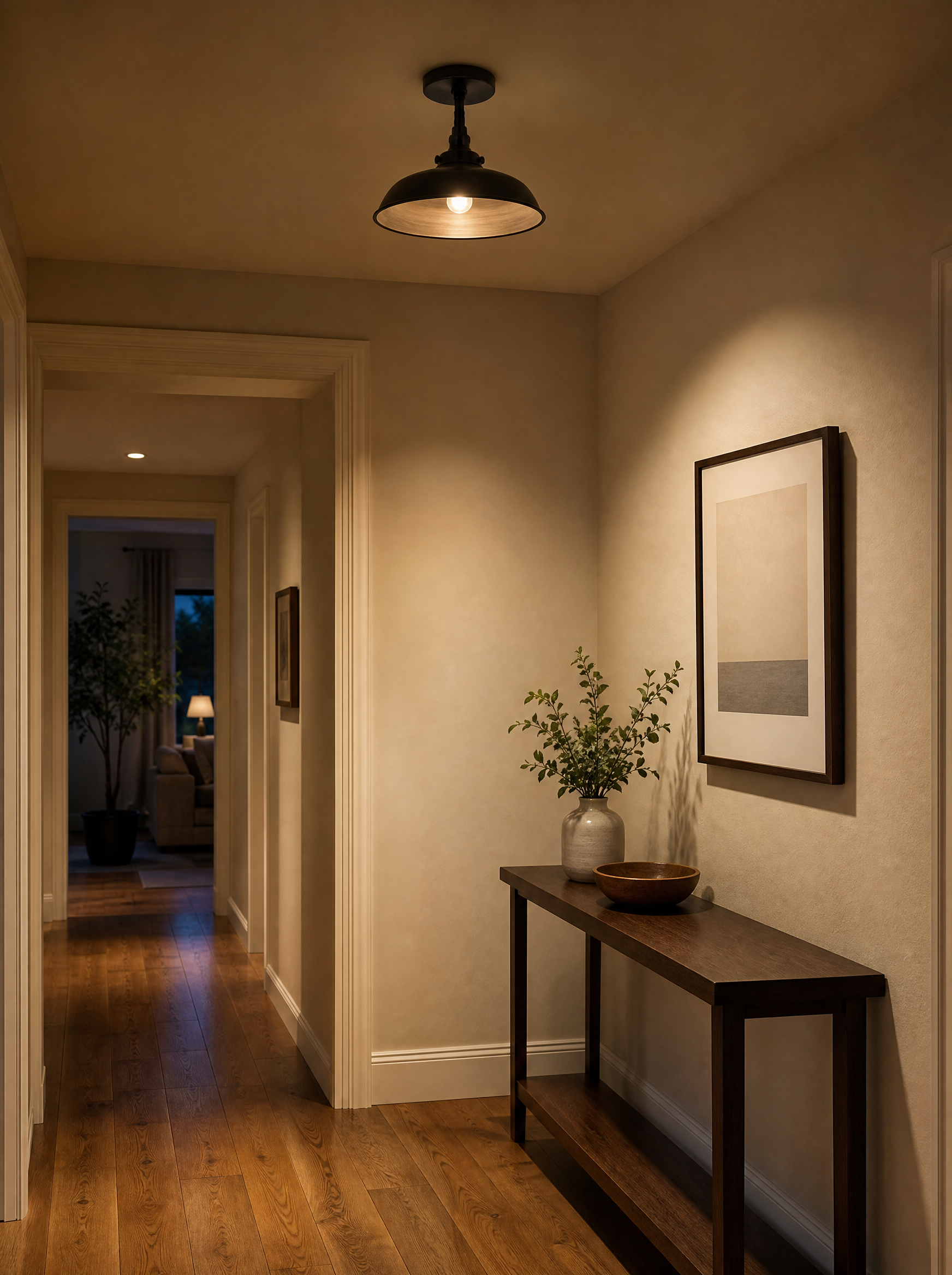 Small black vintage ceiling lamp lighting a hallway console table