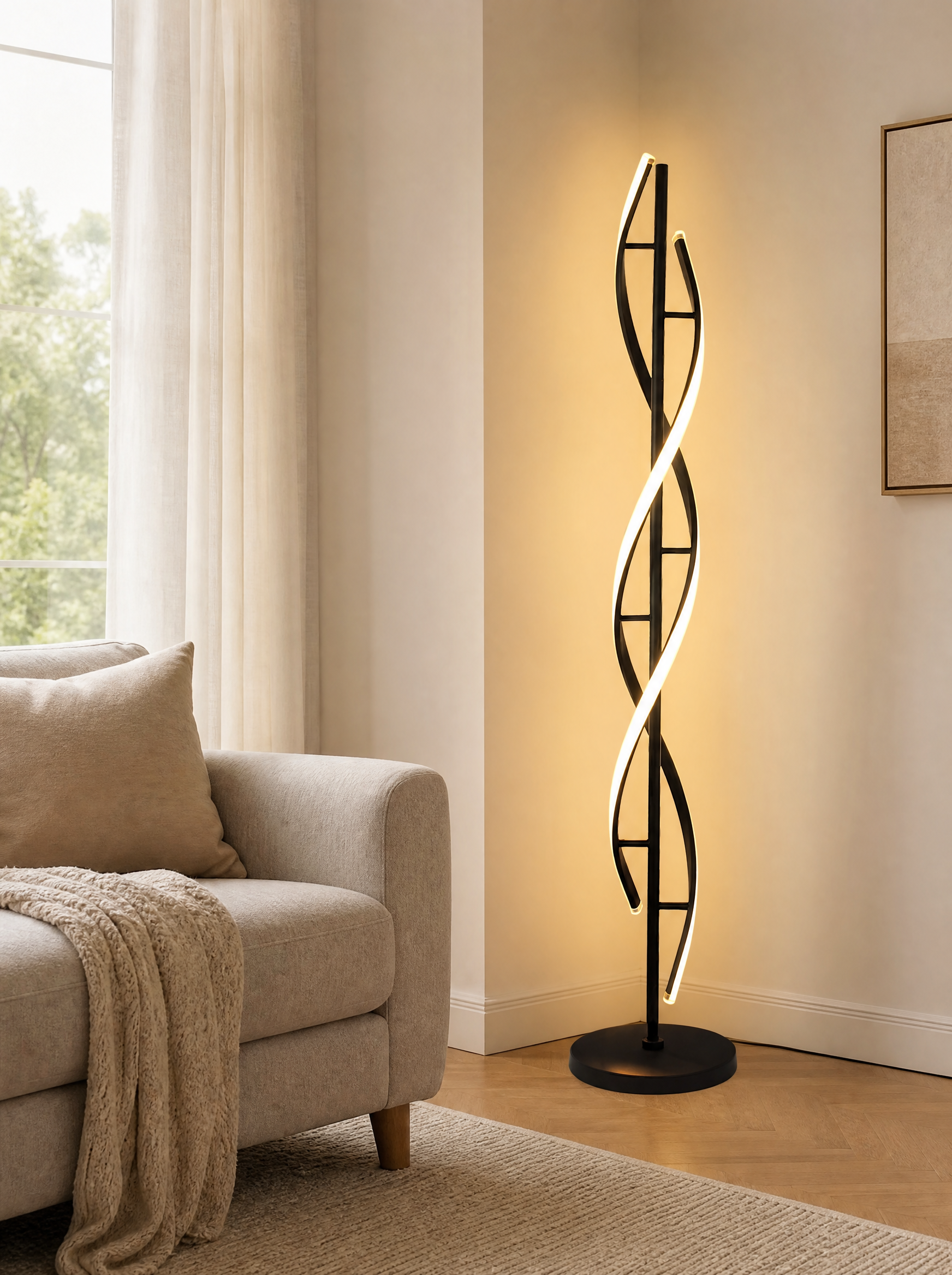 Double helix LED floor lamp lit in the corner of a living room beside a sofa