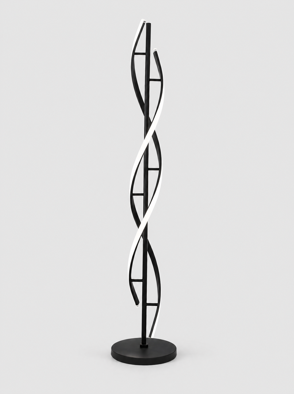 Black double helix LED floor lamp on a light gray studio background