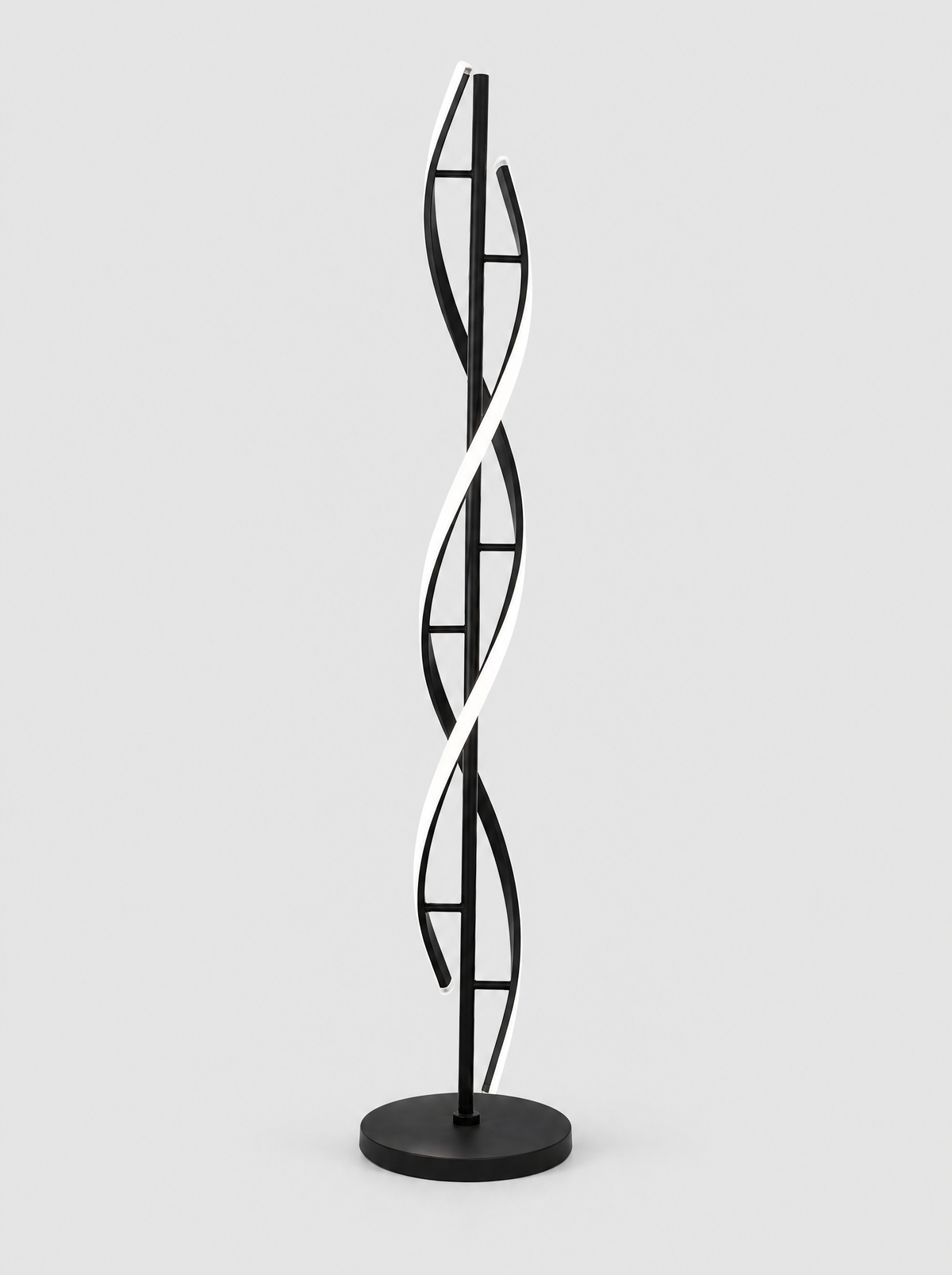 Black double helix LED floor lamp on a light gray studio background