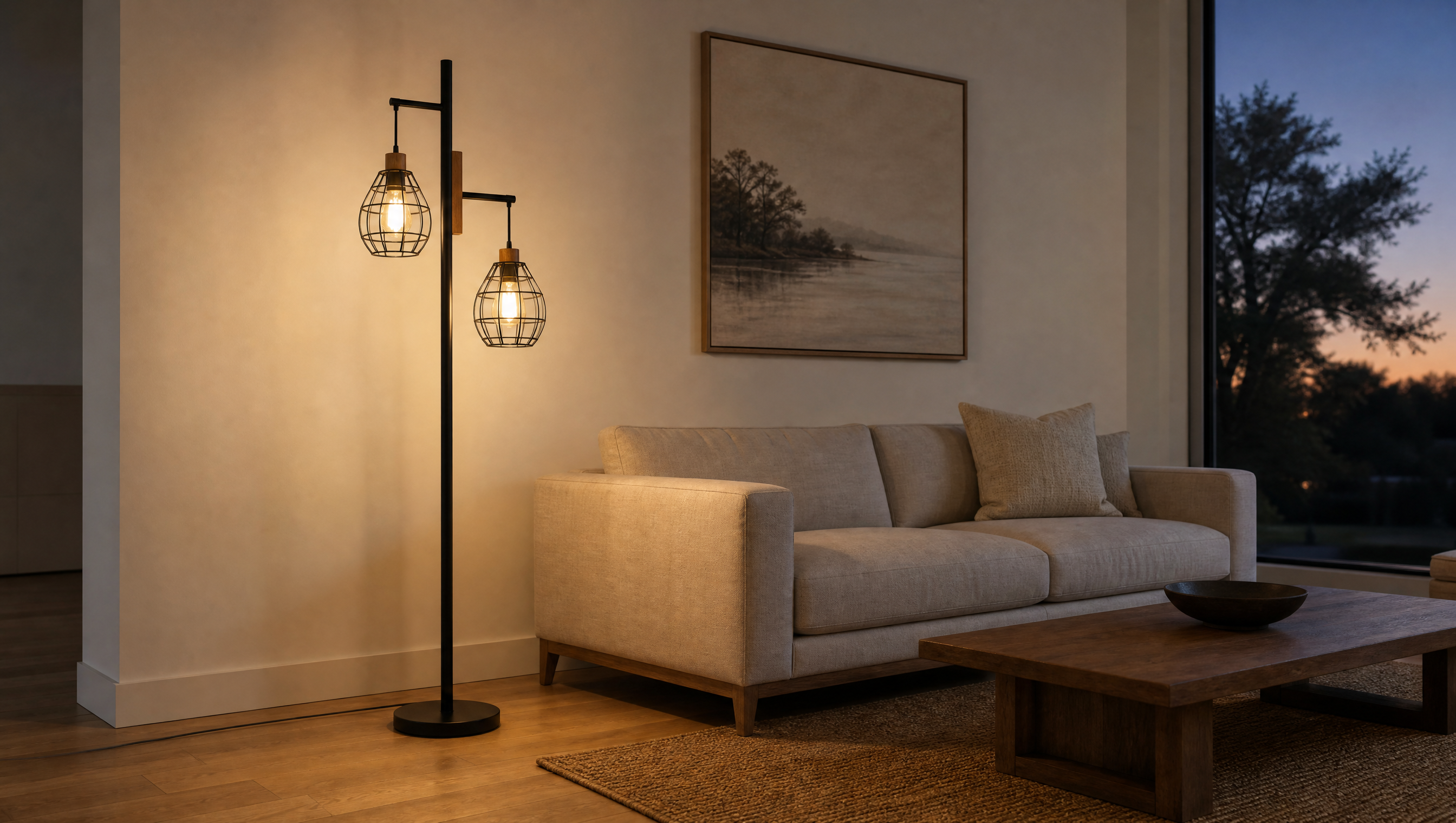 Black metal and wood floor lamp lit beside a linen sofa in a living room at dusk