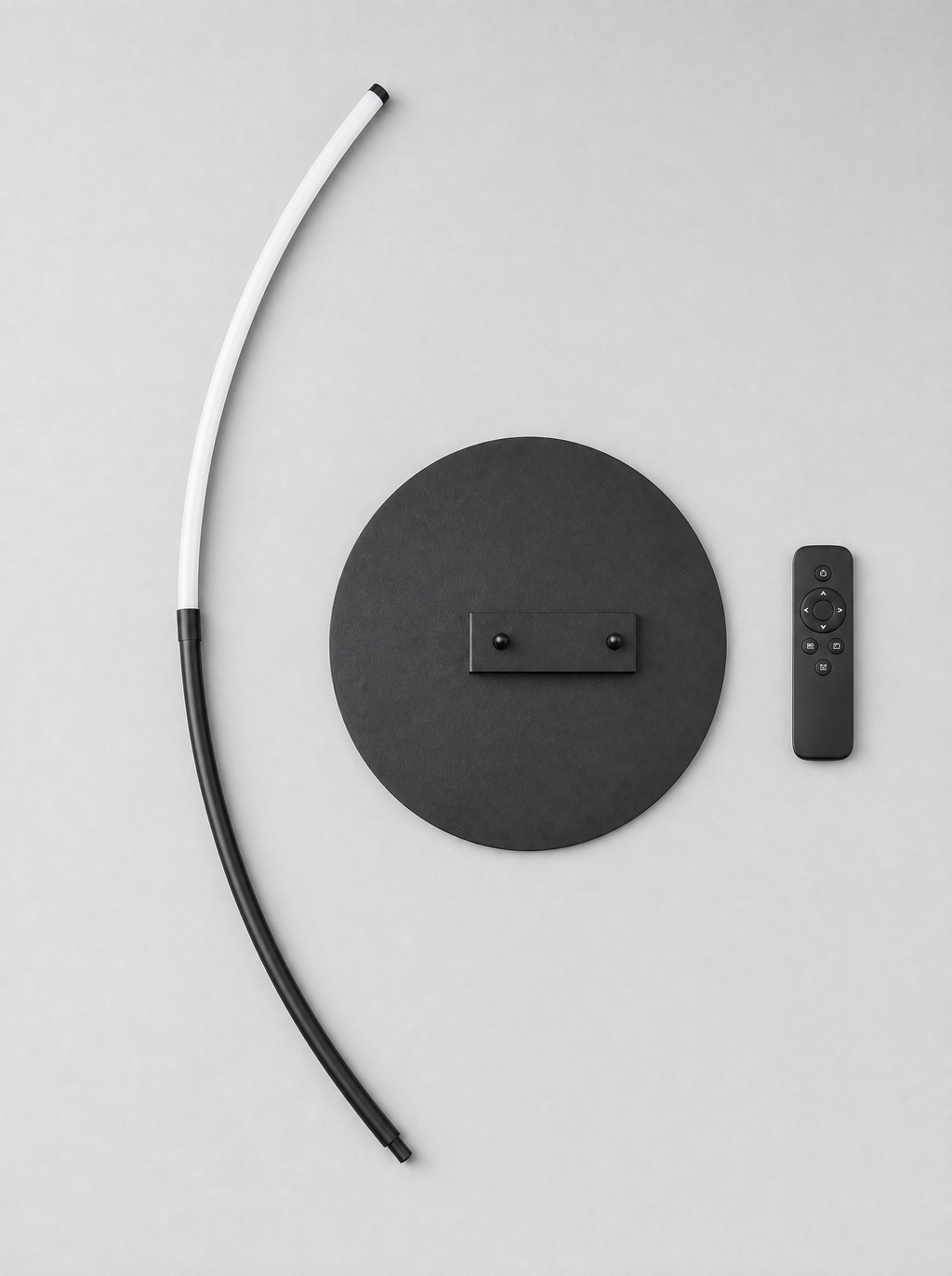 What is in the box for the LED arc floor lamp, arm sections, weighted base and remote control