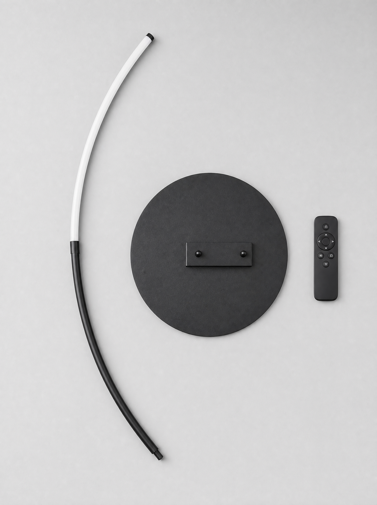 What is in the box for the LED arc floor lamp, arm sections, weighted base and remote control