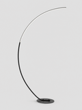 Black LED arc floor lamp with a flat curved light arm on a light gray studio background