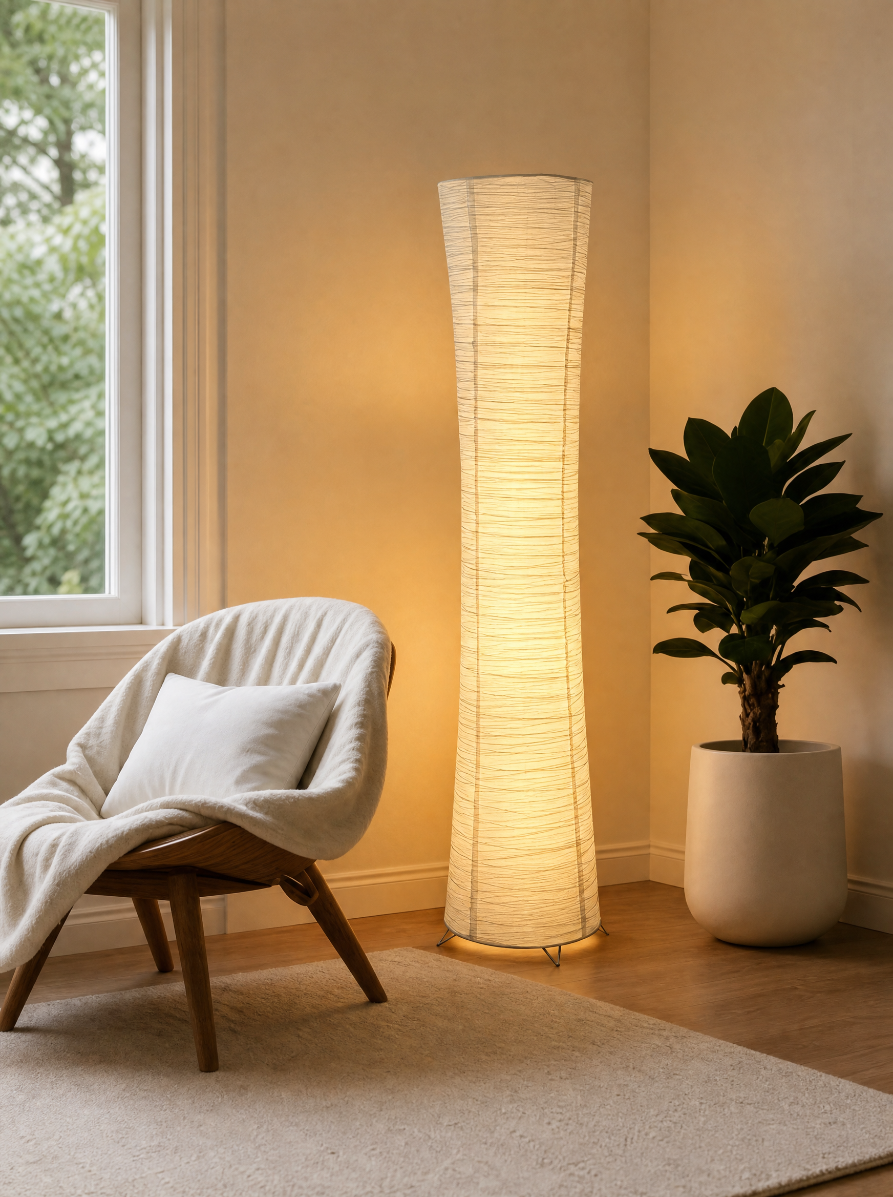 Paper column floor lamp lit in the corner of a calm living room beside a chair