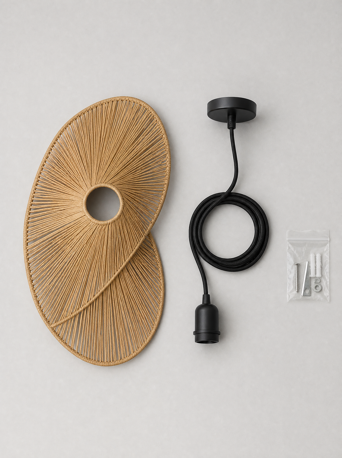 What is in the box for the rattan brim pendant, shade, hanging cord with canopy and hardware