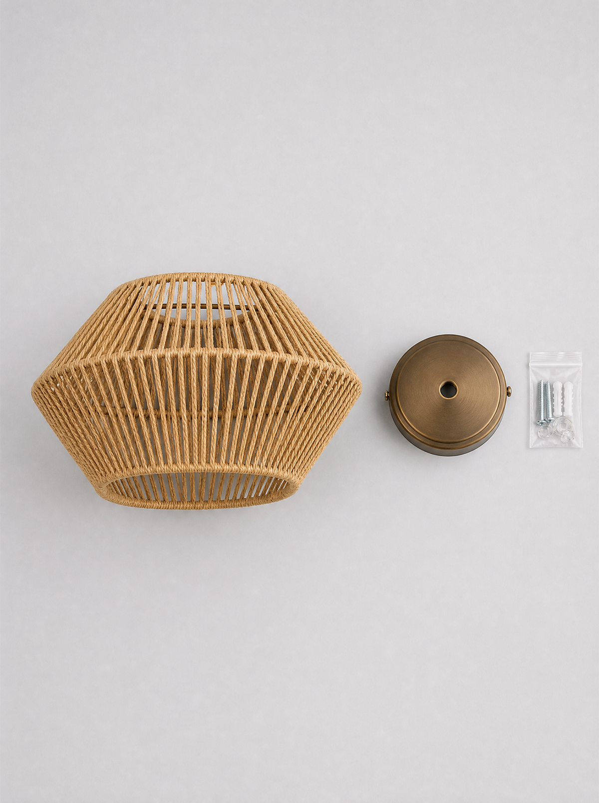 What is in the box for the rattan drum semi flush ceiling light, shade, ceiling plate and hardware