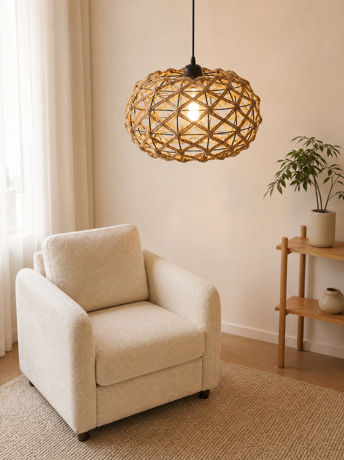 Rattan oval pendant hanging lit beside an armchair in a calm living room