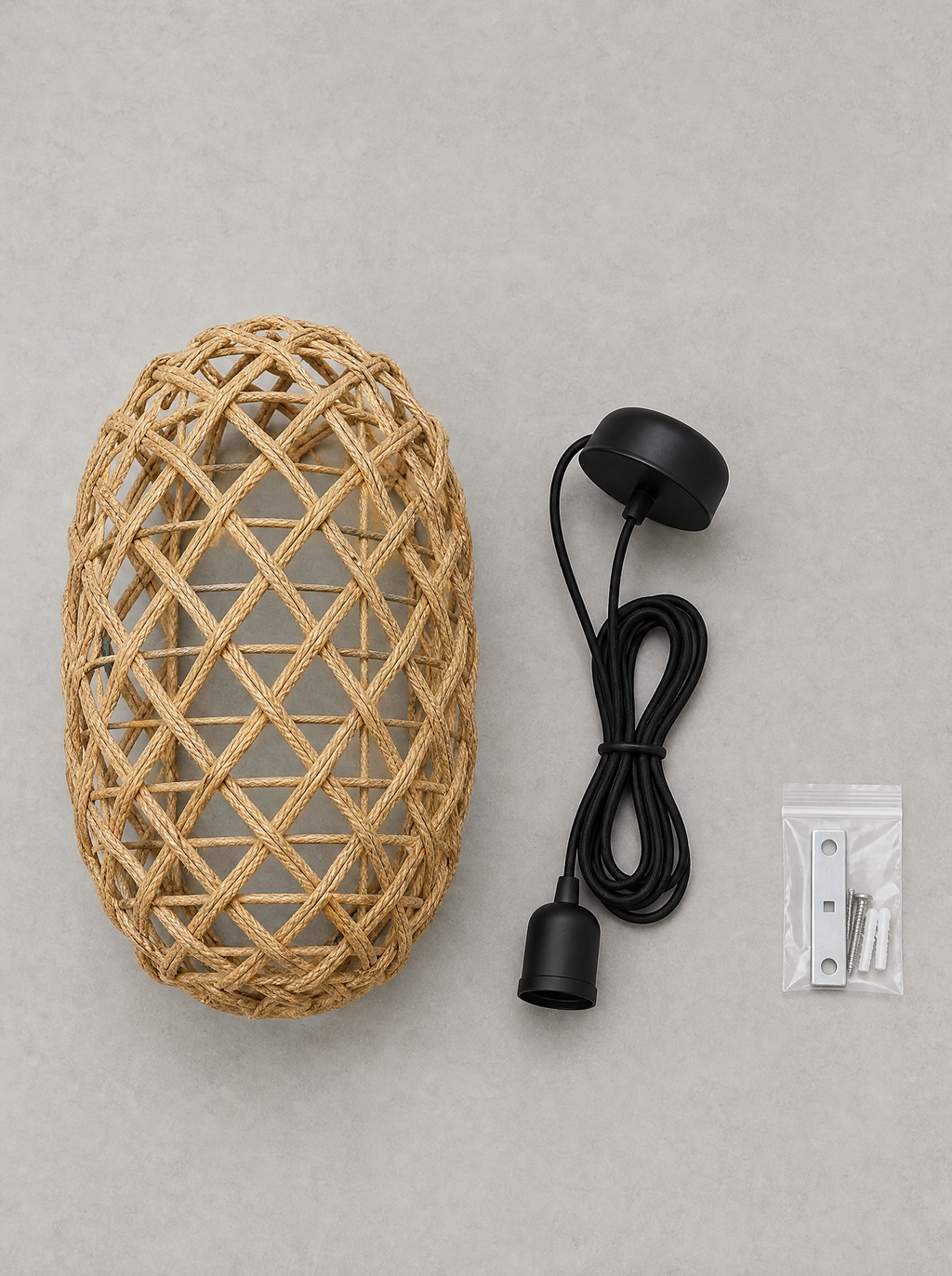 What is in the box for the rattan oval pendant, shade, hanging cord with canopy and hardware
