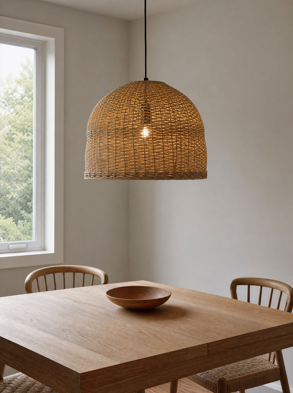 Woven rattan pendant lamp hanging low over an oak dining table