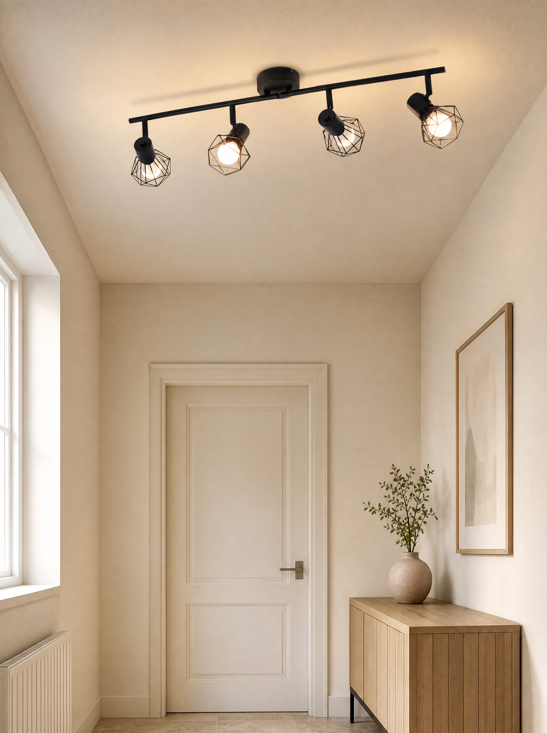 Rounded cage spot bar lit on the ceiling of a bright hallway