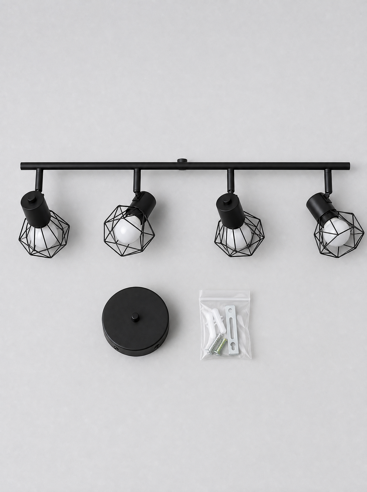 What is in the box for the rounded cage spot bar, bar with four heads, ceiling plate and hardware