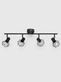 Black four head ceiling spot bar with rounded wire cage shades on a light gray studio background