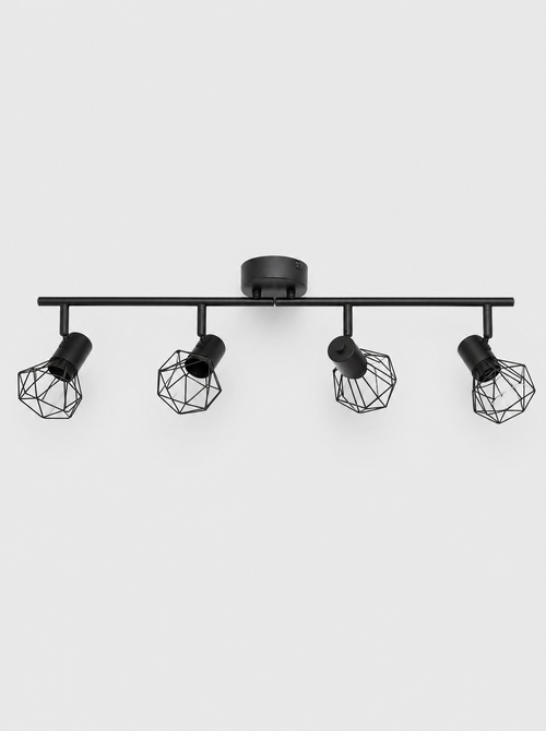 Black four head ceiling spot bar with rounded wire cage shades on a light gray studio background