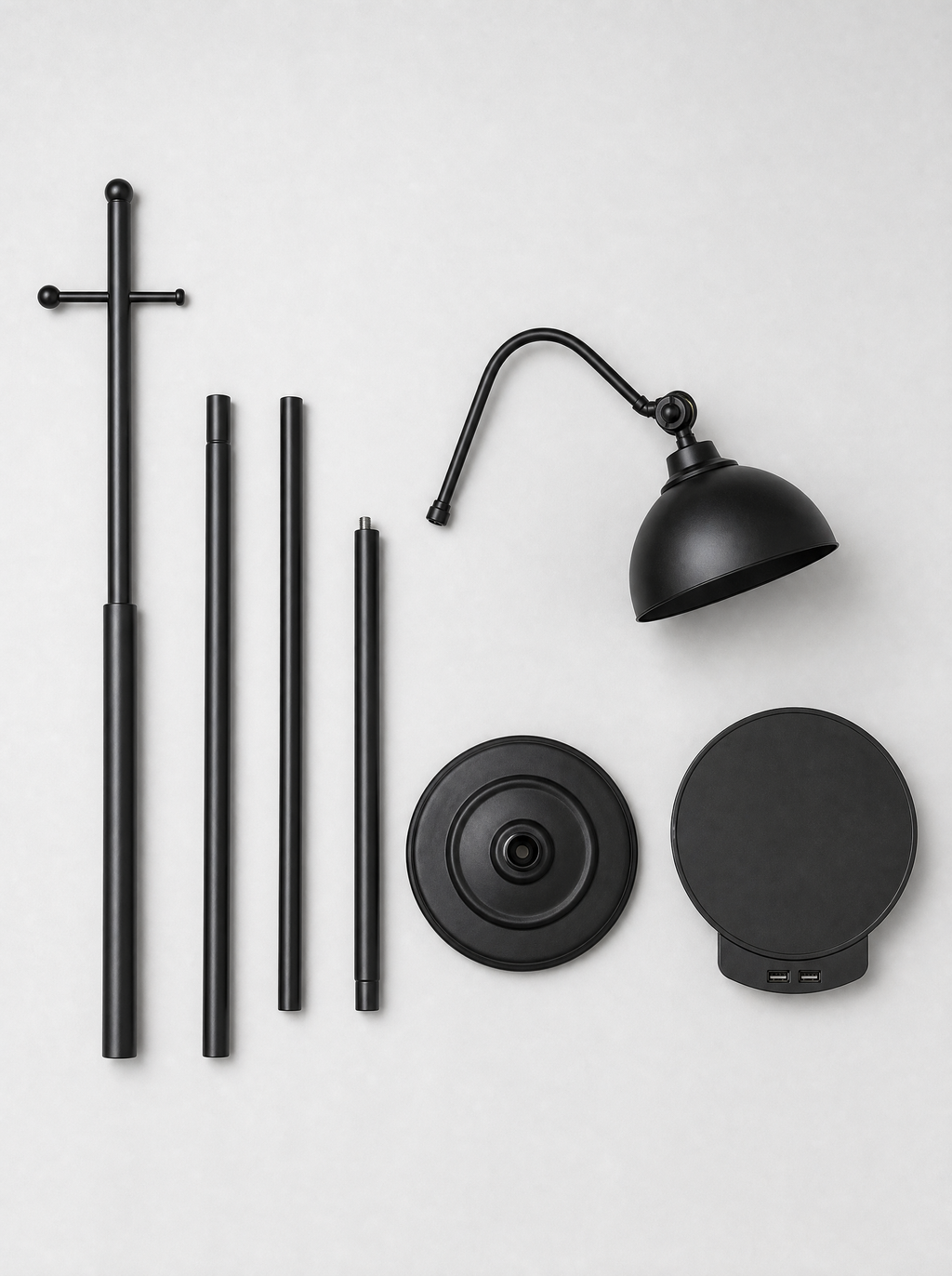 What is in the box for the tray floor lamp, pole sections, base, adjustable head and round tray