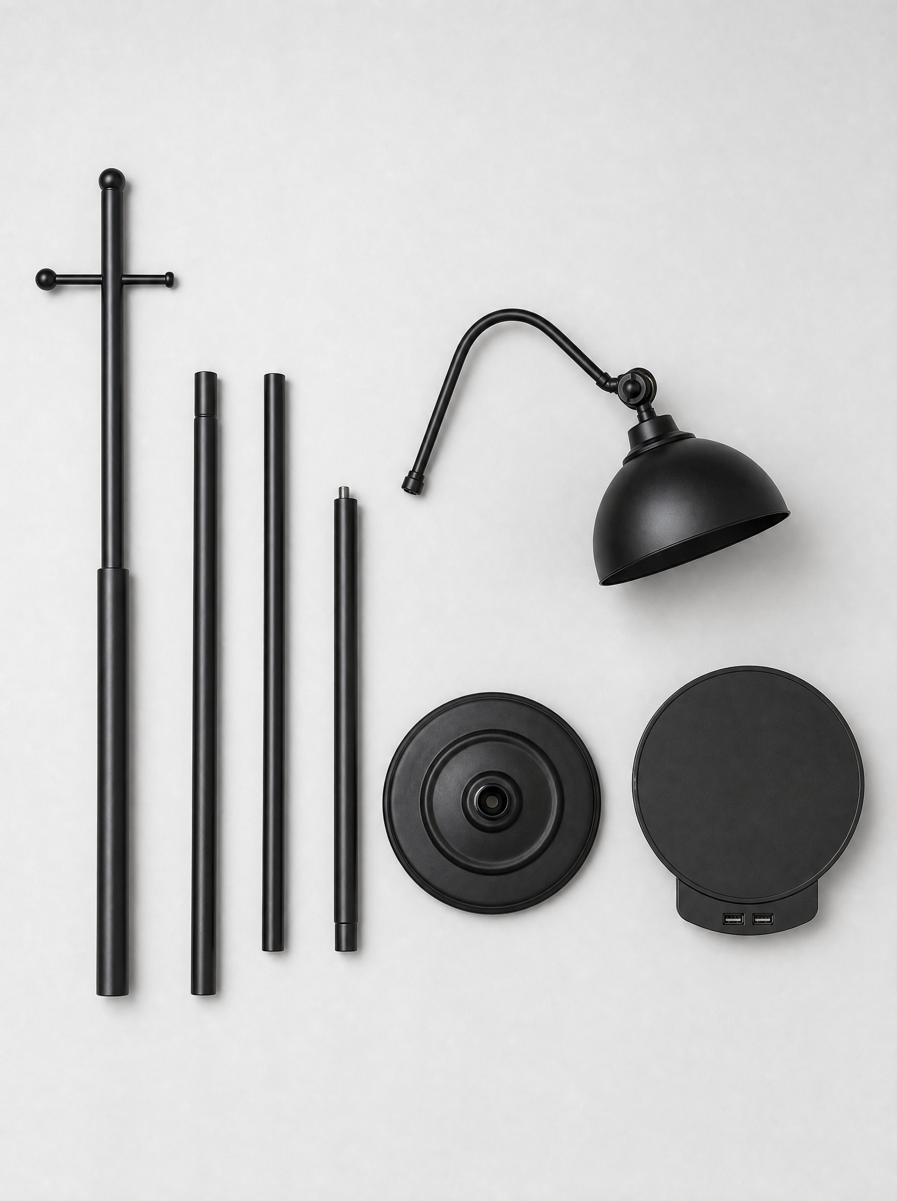 What is in the box for the tray floor lamp, pole sections, base, adjustable head and round tray