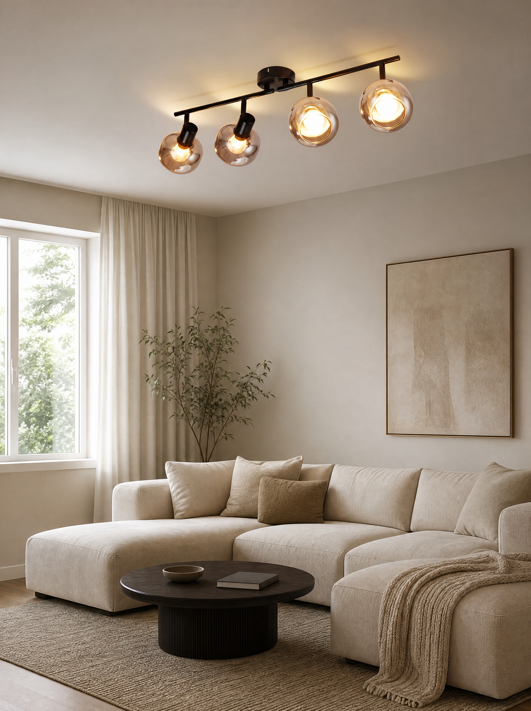 Smoked glass spot bar lit on the ceiling of a modern living room