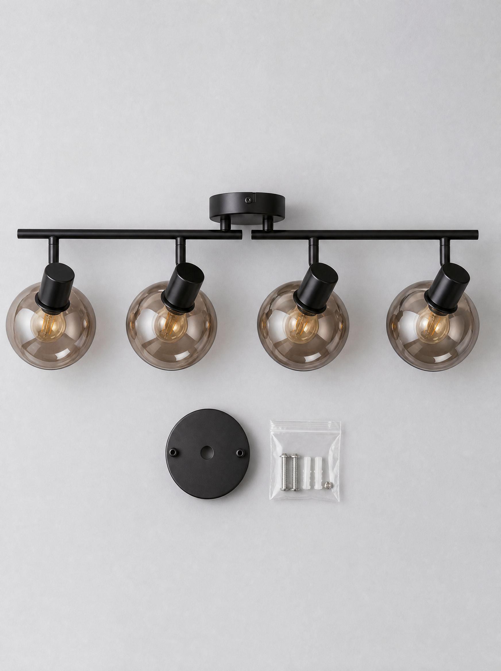What is in the box for the smoked glass spot bar, bar with four heads, ceiling plate and hardware