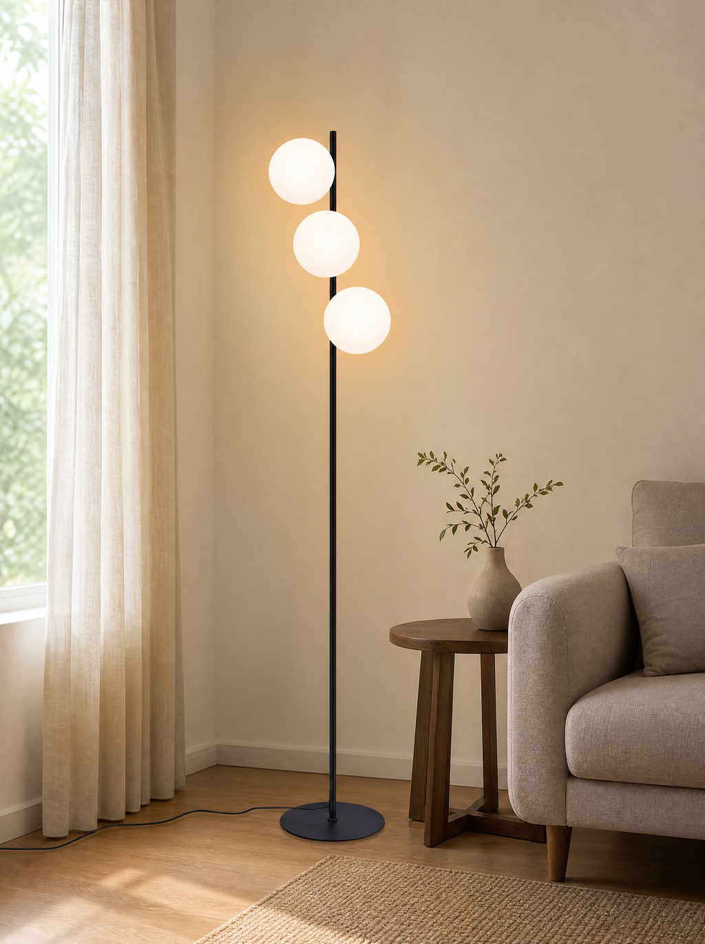 Three globe black floor lamp lit next to a side table in a living room