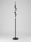 Black twisted ribbon LED floor lamp on a light gray studio background